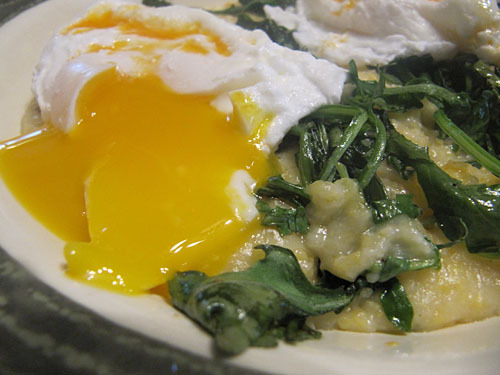 poached eggs polents greens