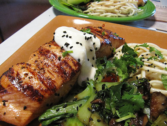 Copper River King Salmon with Wasabi-Aioli and Soy-Maple Drizzle