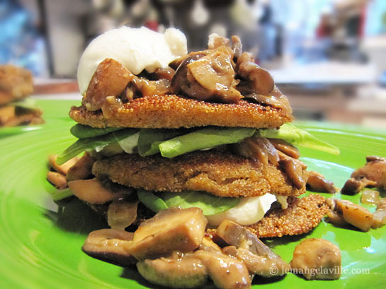 Amaranth Cakes with Wild Mushrooms, Spinach & Creamy Goat Cheese