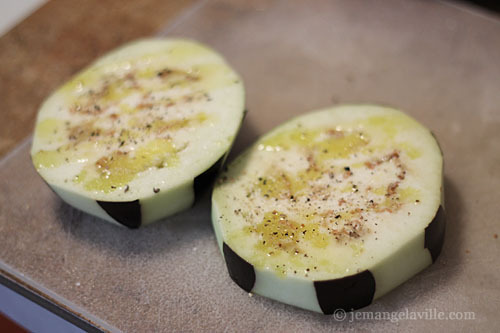 Eggplant slices for Eggplant Tartine with Tomatoes, Olives and Cucumbers