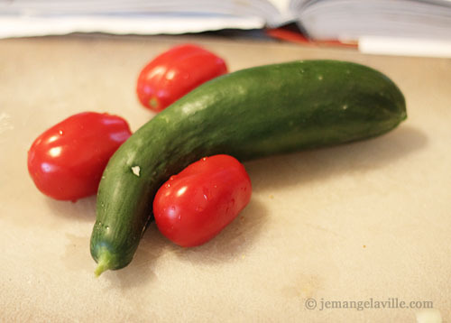 Tomatoes and cucumber for Eggplant Tartine with Tomatoes, Olives and Cucumbers