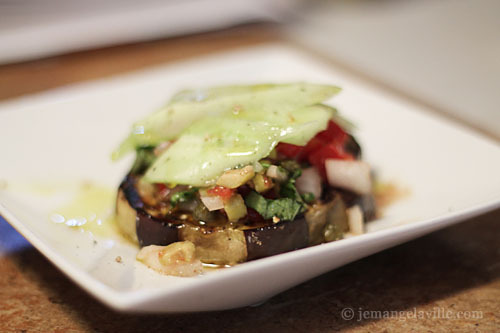 Eggplant Tartine with Tomatoes, Olives and Cucumbers