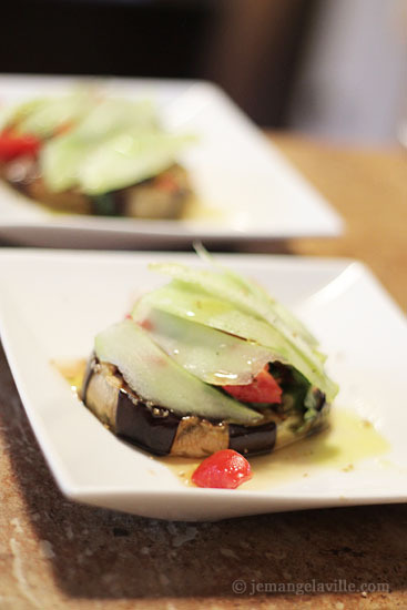 Eggplant Tartine with Tomatoes, Olives and Cucumbers