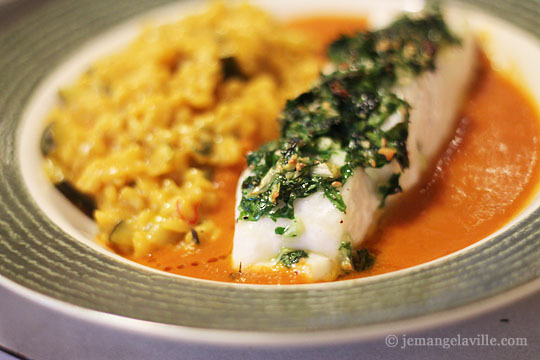 Roast Halibut in Red Bell Pepper Broth