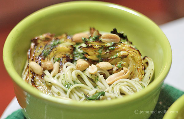 Roasted Cabbage Wedges with Noodles, Mushrooms and Cilantro Lime Dressing