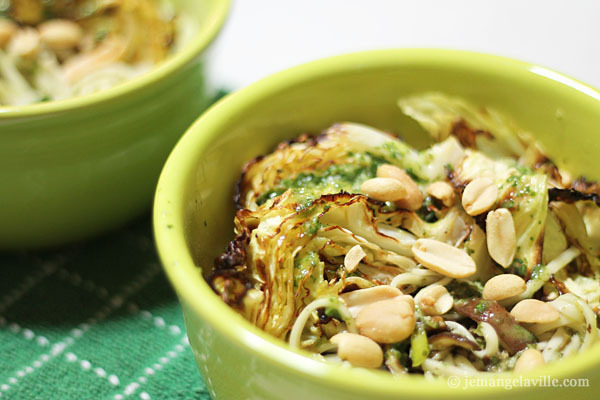 Roasted Cabbage Wedges with Noodles, Mushrooms and Cilantro Lime Dressing