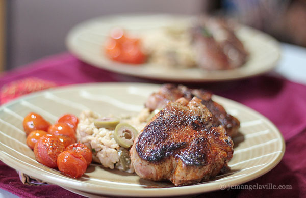 Smoked Paprika Lamb Chops, Green Olive-Goat Cheese Risotto and Roasted Cherry Tomatoes