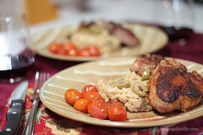 Smoked Paprika Lamb Chops, Green Olive-Goat Cheese Risotto and Roasted Cherry Tomatoes