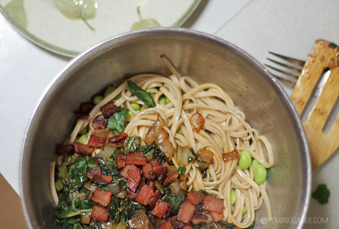 Grilled Salmon with Chard, Bacon, & Udon Noodles