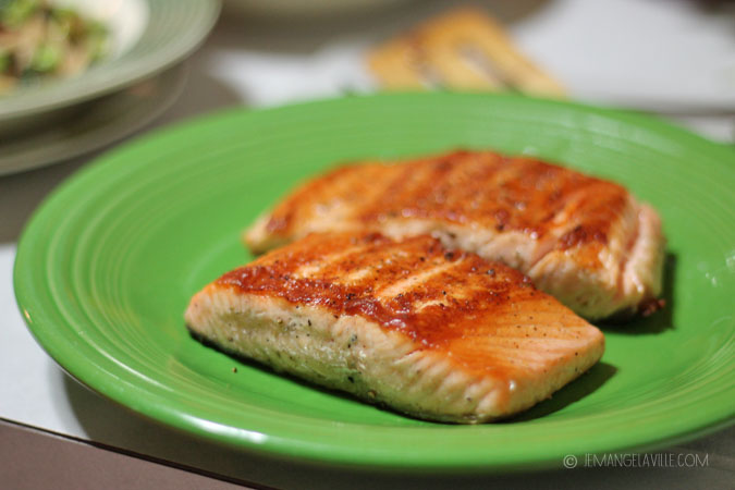 Grilled Salmon with Chard, Bacon, & Udon Noodles