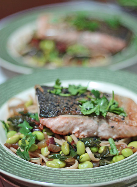 Grilled Salmon with Chard, Bacon, & Udon Noodles