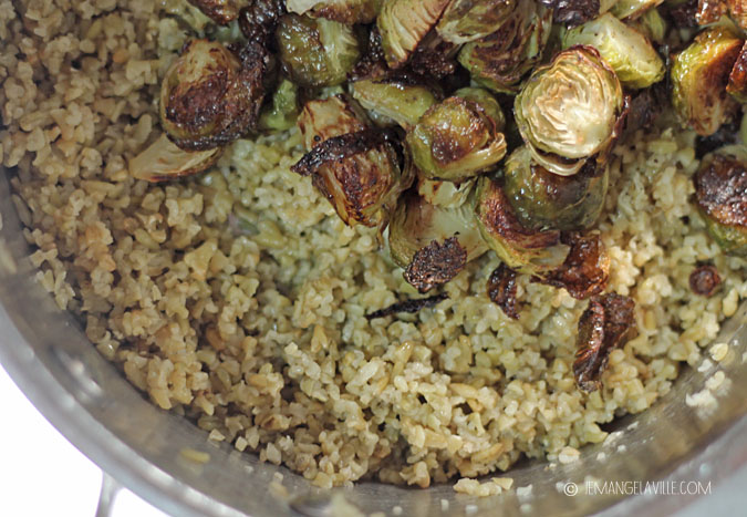 Freekeh with Roasted Brussels, Almonds, and Miso Aioli 